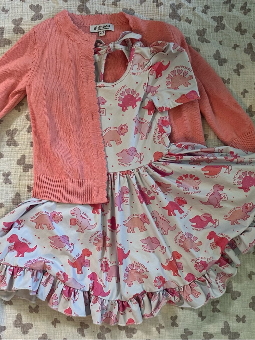 girlhead Pink Coral Dinosaur Print Dress with Coral Cardigan - Kids Casual